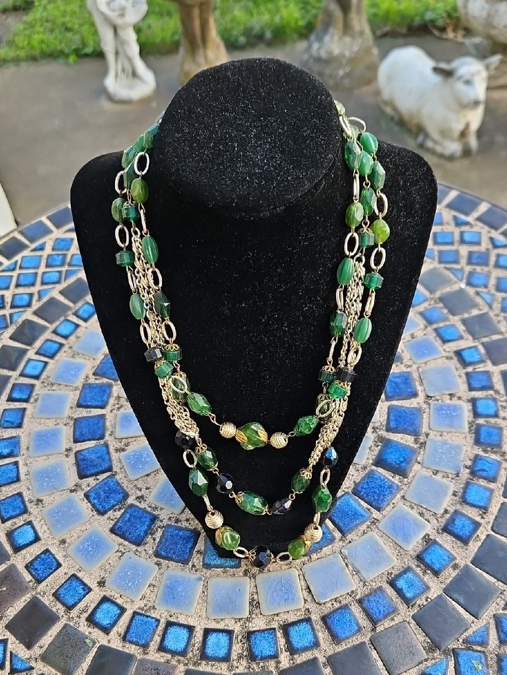 Vintage W Germany Goldtone Green Black Lucite Beaded Necklace